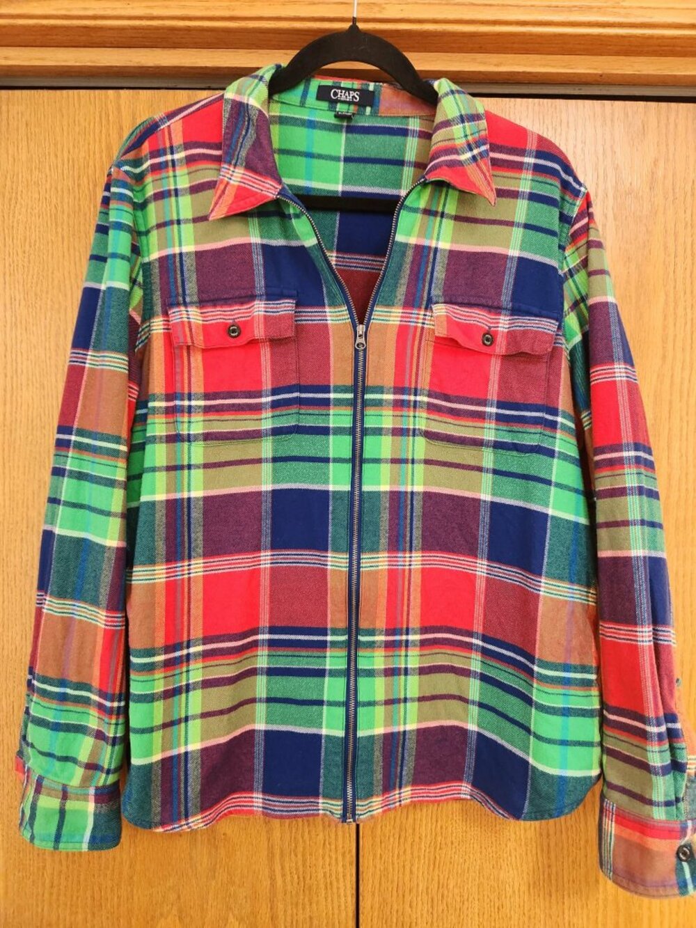 VTG Chaps Denim Plaid Flannel Zip Up Shirt Jacket Women's XL Multicolor Shacket